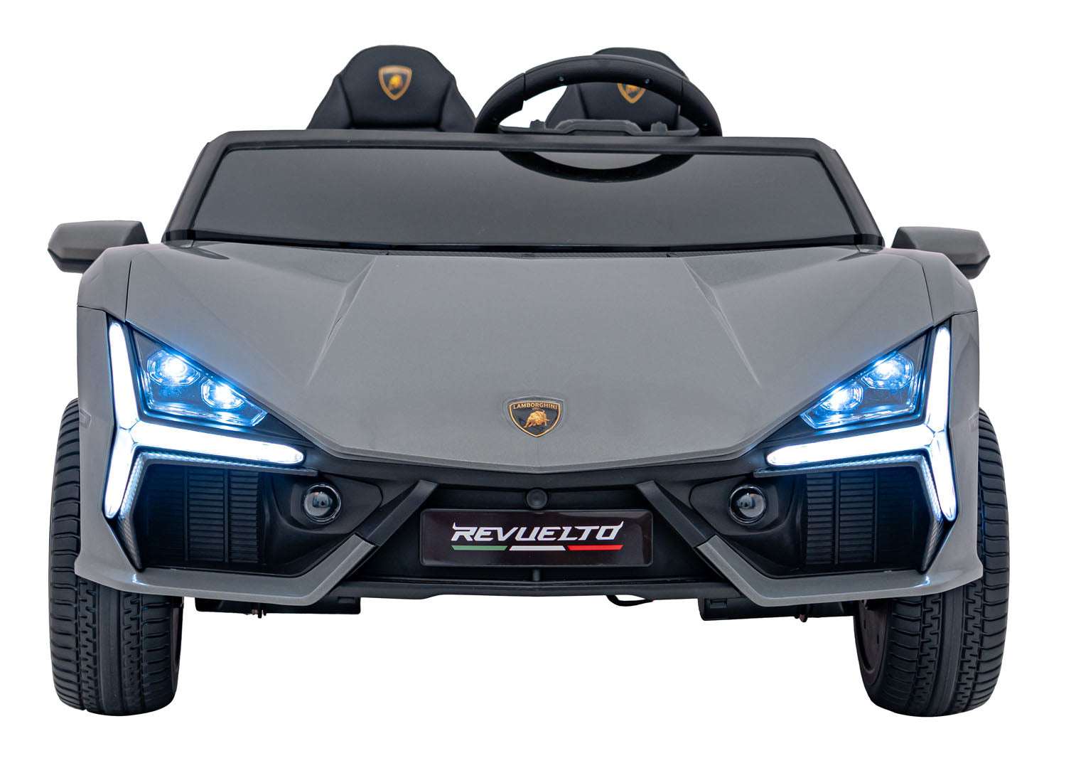 Grey Lamborghini Revuelto XL electric kids ride-on car with LED lights and realistic supercar design
