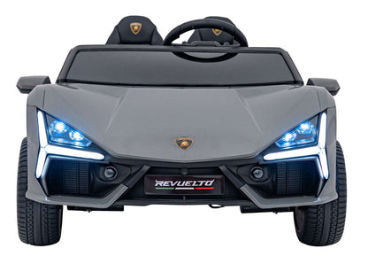 Grey Lamborghini Revuelto XL electric kids ride-on car with LED lights and realistic supercar design