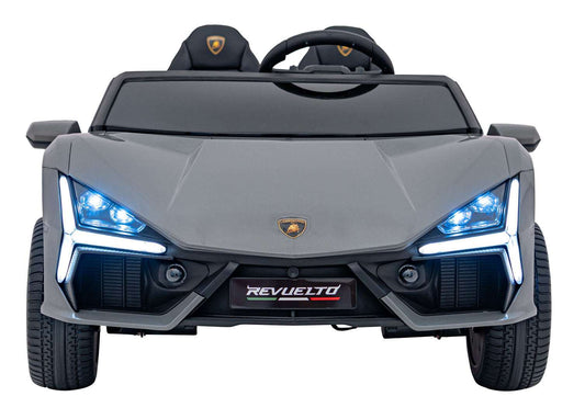 Grey Lamborghini Revuelto XL electric kids ride-on car with LED lights and realistic supercar design