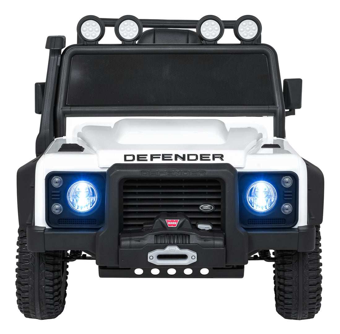 Biały elektryczny pojazd dla dzieci Land Rover Defender 110 SVX z LED światłami i pilotem zdalnego sterowania