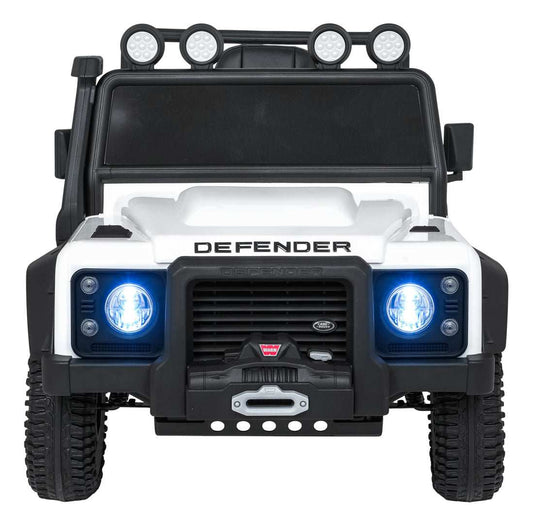 Biały elektryczny pojazd dla dzieci Land Rover Defender 110 SVX z LED światłami i pilotem zdalnego sterowania