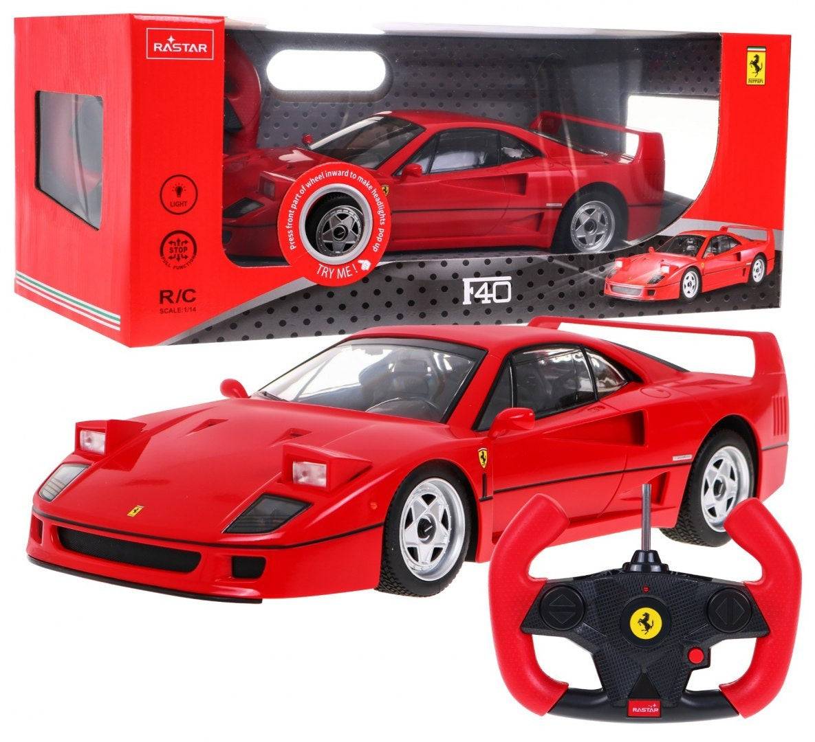 Rastar Ferrari F40 1:14 scale remote control car with 2.4GHz controller in red and black packaging