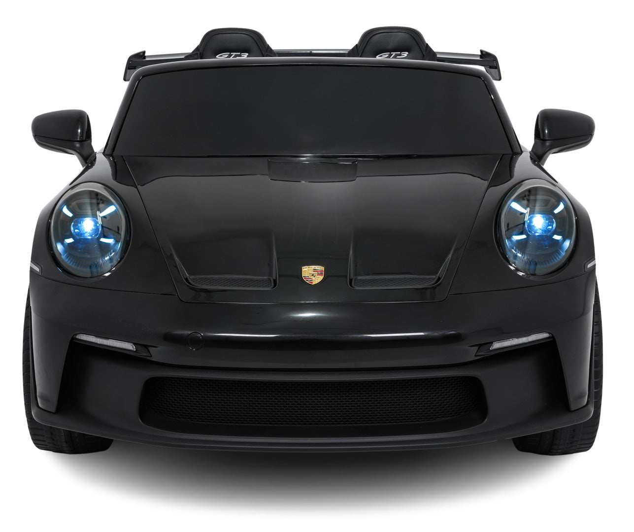 Czarny dziecięcy pojazd Porsche 911 GT3 na pilota 24V z realistycznymi detalami i LED światłami.
