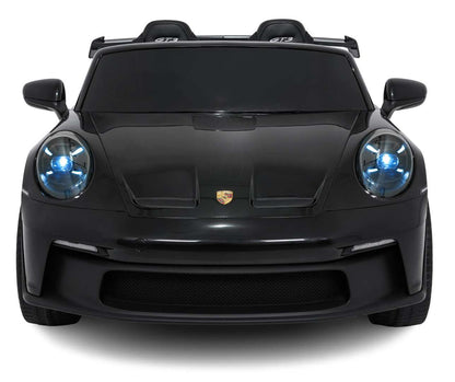 Czarny dziecięcy pojazd Porsche 911 GT3 na pilota 24V z realistycznymi detalami i LED światłami.