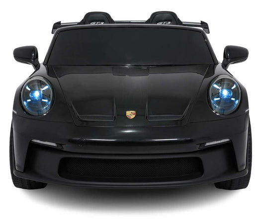 Czarny dziecięcy pojazd Porsche 911 GT3 na pilota 24V z realistycznymi detalami i LED światłami.