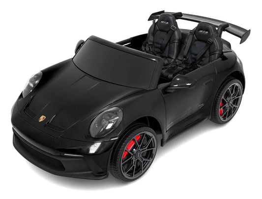 Czarny elektryczny pojazd Porsche 911 GT3 dla dzieci z pilotem, regulowanym fotelem i realistycznymi światłami LED.