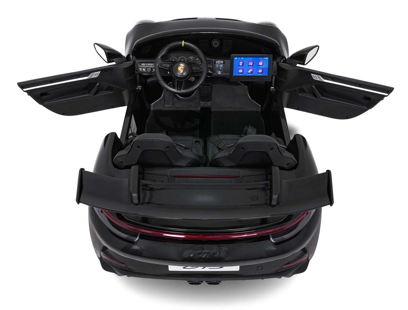 Czarny Pojazd Elektryczny Porsche 911 GT3 STRONG dla dzieci z otwieranymi drzwiami i wyświetlaczem multimedialnym