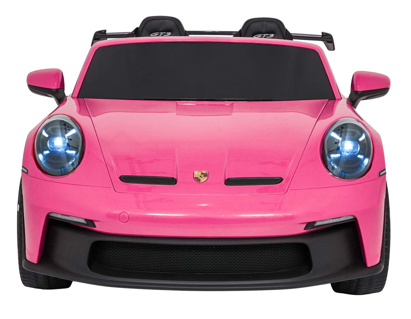 Pink Porsche 911 GT3 remote-controlled kids car with LED headlights and realistic design