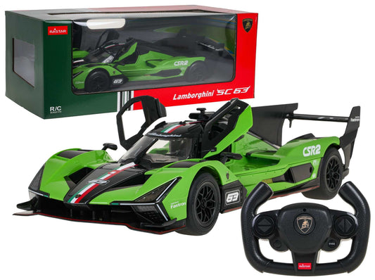 Zielony zdalnie sterowany model Lamborghini SC63 1:14 z otwieranymi drzwiami i pilotem kierownicą marki RASTAR