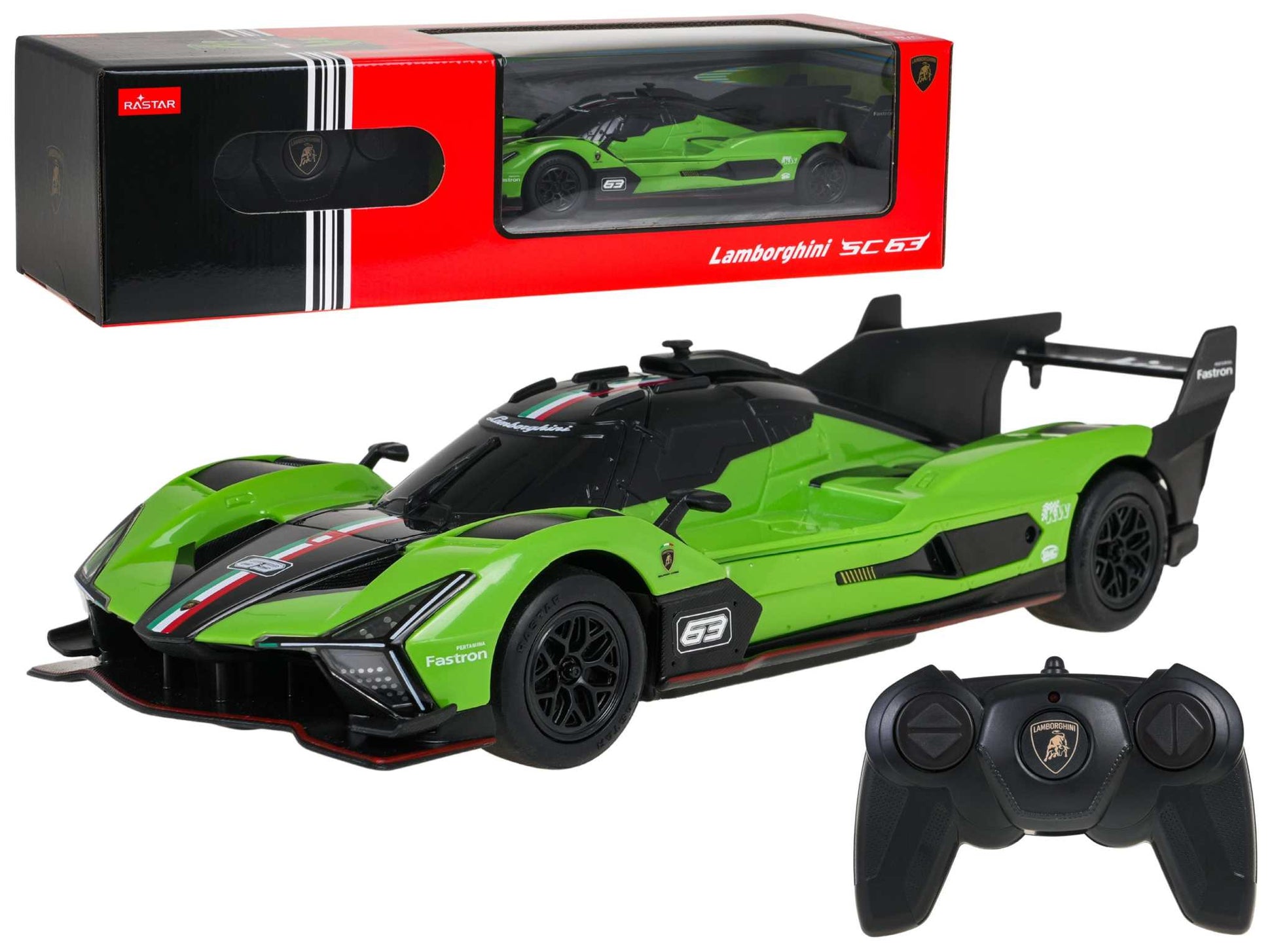 Zielony zdalnie sterowany model Lamborghini SC63 w skali 1:24 z radiostacją 2.4 GHz i realistycznym detalem
