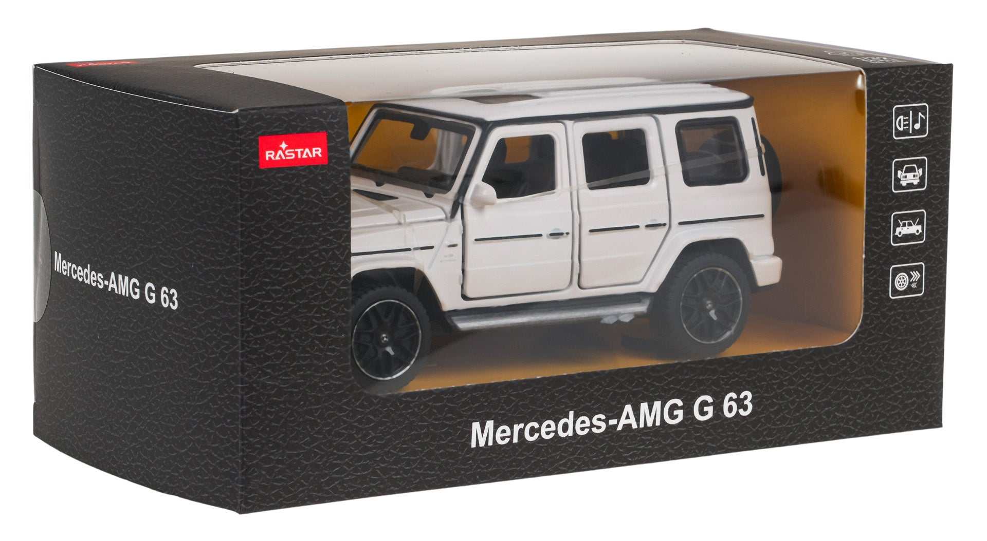 Model samochodu Mercedes G63 1:32 z dźwiękiem, biały metalowy, od RASTAR w opakowaniu