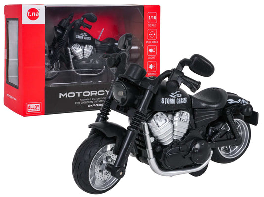 Metalowy Motocykl Czarny zabawka dla dzieci z efektami światła i dźwięku, metalowa konstrukcja, gumowe opony, skala 1:16
