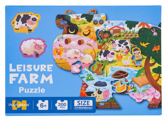 Zestaw Puzzli 200 el Farma dla dzieci od 6 lat, układanka 200 elementów z motywem zwierzątek farmy w kształcie krowy.