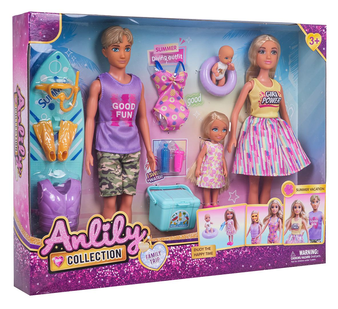 Zestaw lalek Rodzina na Wakacjach z akcesoriami plażowymi i letnimi strojami dla dzieci
