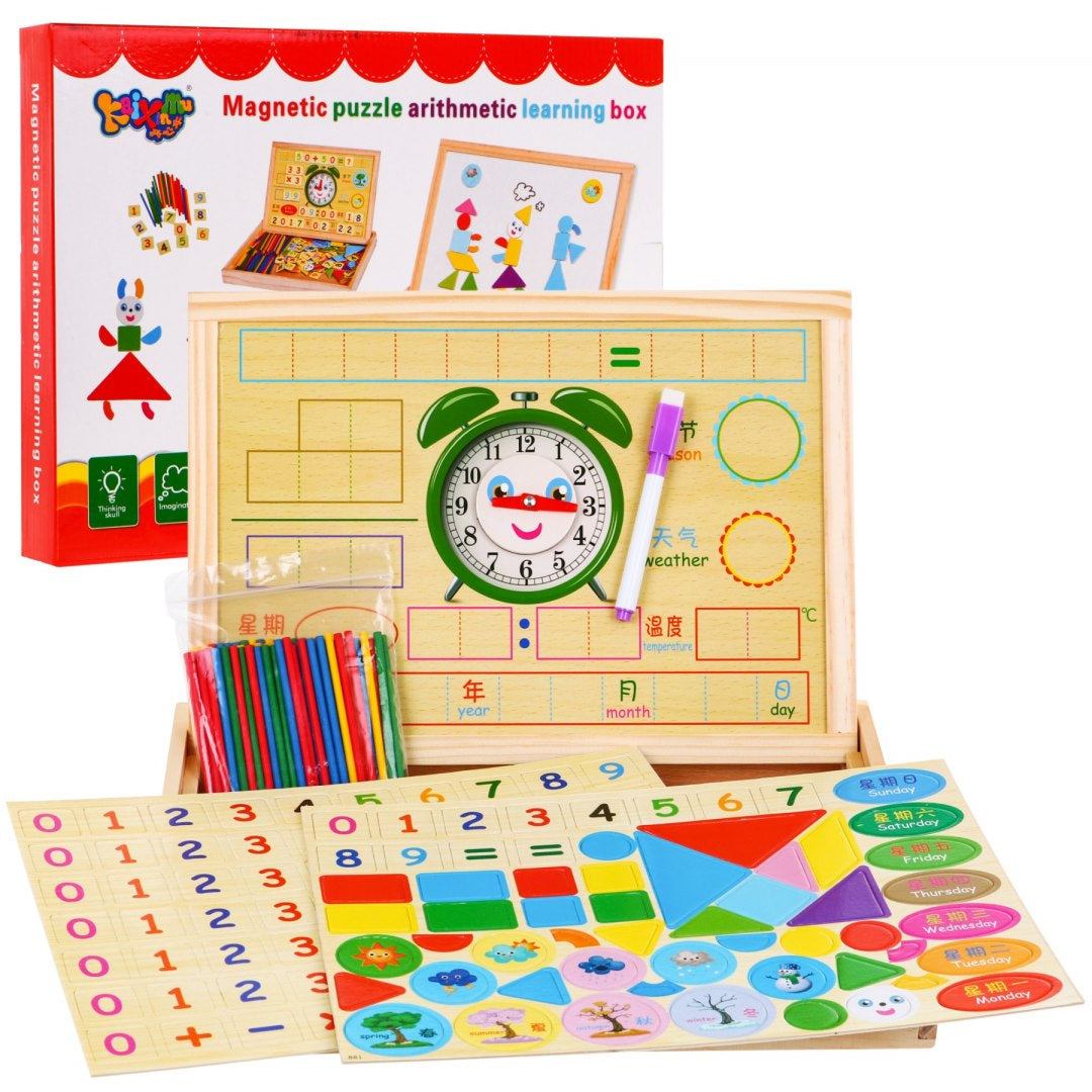 Drewniana tablica magnetyczna edukacyjna dla dzieci z zegarem i kolorowymi akcesoriami do nauki matematyki i pór roku