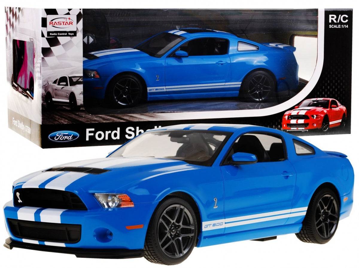 Ford Shelby GT500 zdalnie sterowany model 1:14 niebieski z białymi paskami RASTAR