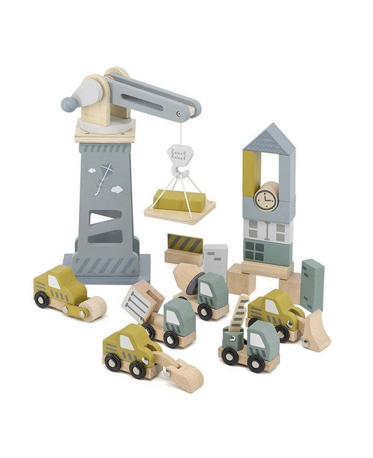 Label Label wooden construction site toy set with crane and vehicles for imaginative play