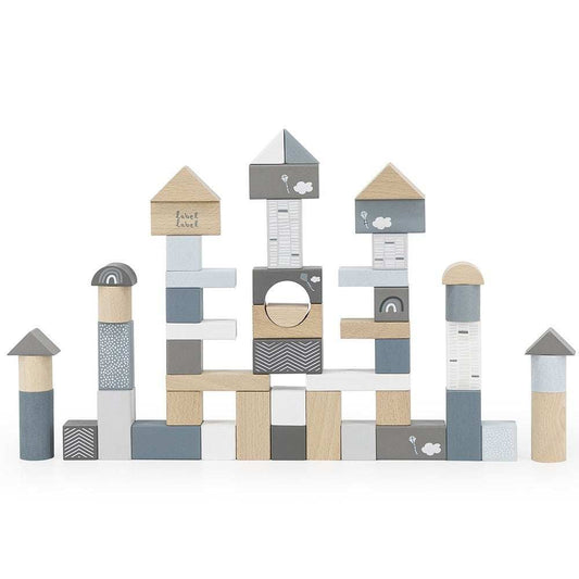 Label Label wooden building blocks set of 50 in blue, gray, and natural wood tones with various shapes and safe water-based paint