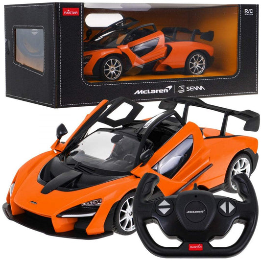 McLaren Senna RASTAR 1:14 scale remote controlled orange model car with detailed design and black racing stripes