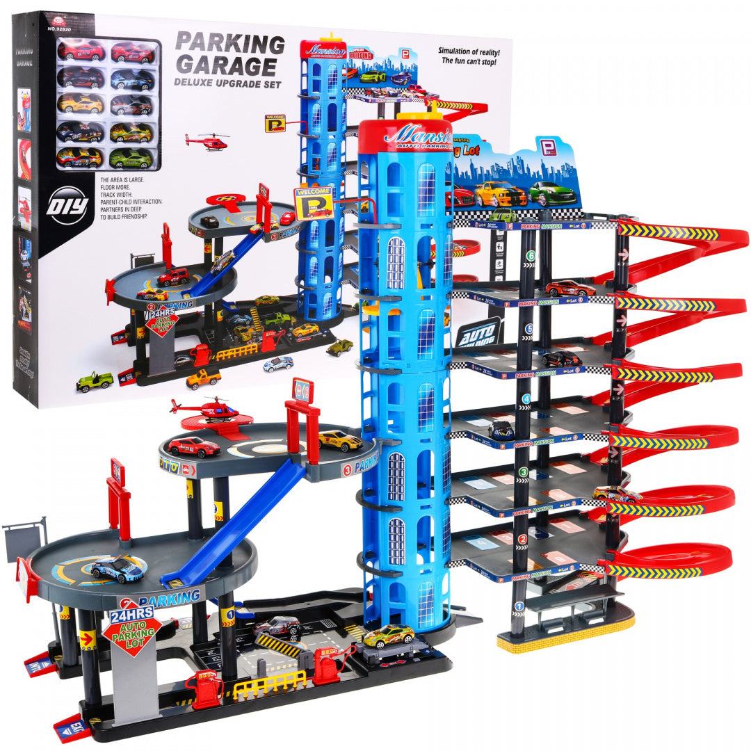 Minika Mega Parking 7-level playset with 10 vehicles including helicopter and elevator, colorful car parking garage for kids.