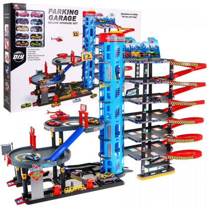 Minika Mega Parking 7-level playset with 10 vehicles including helicopter and elevator, colorful car parking garage for kids.