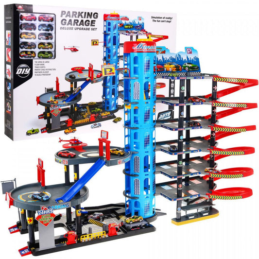 Minika Mega Parking 7-level playset with 10 vehicles including helicopter and elevator, colorful car parking garage for kids.